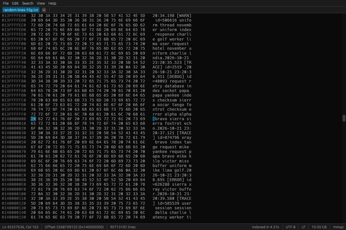 Hex-режим в середине файла на 10 ГБ, смещение 0x140000000.